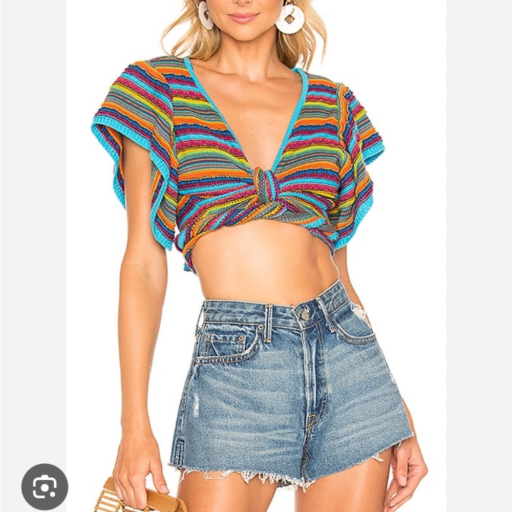 All things mochi Lana knit wrap crop top striped ruffled shoulders s